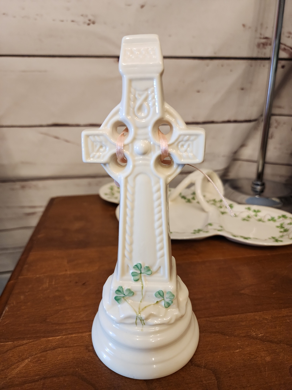 Belleek White Ceramic Celtic Cross with Green Shamrocks